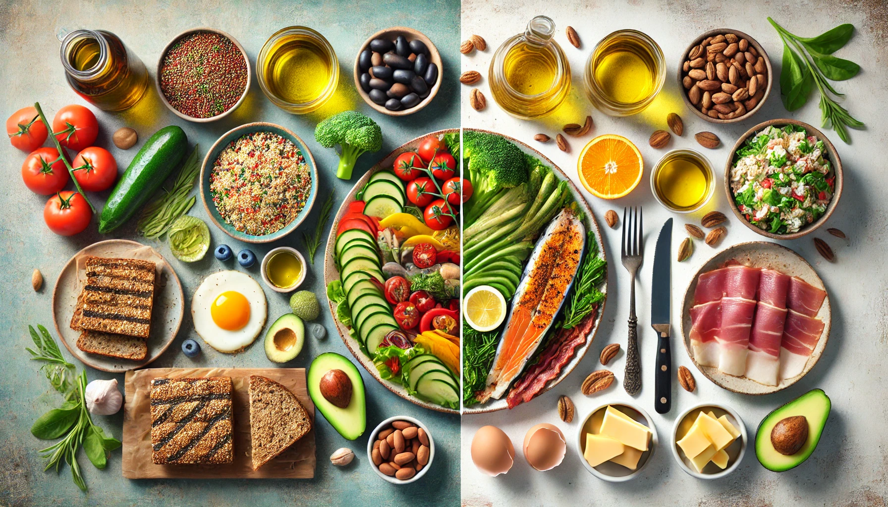 Side-by-side comparison: Mediterranean Diet's vibrant vegetables and grains vs. keto's bacon, butter, and cheese.