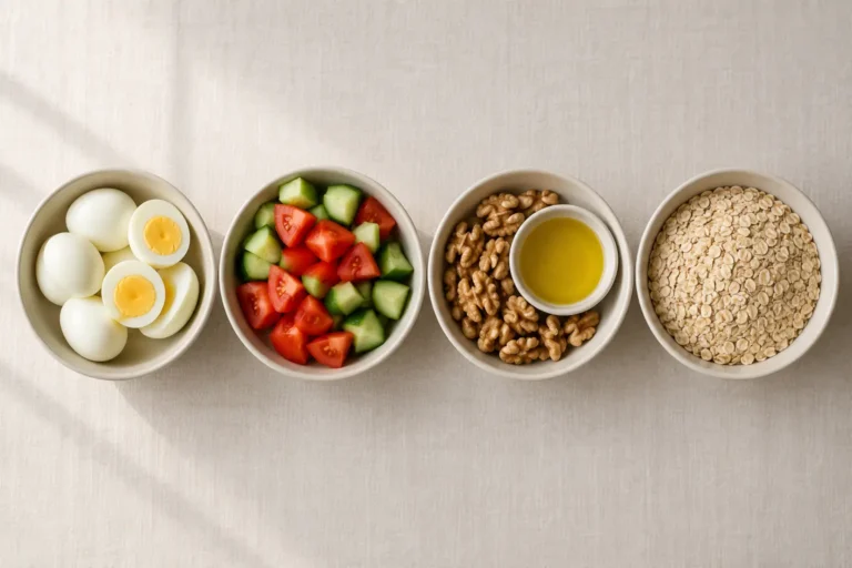 Bowls of boiled eggs, cucumber and tomatoes, walnuts with olive oil, and oats for a Mediterranean breakfast for PCOS.