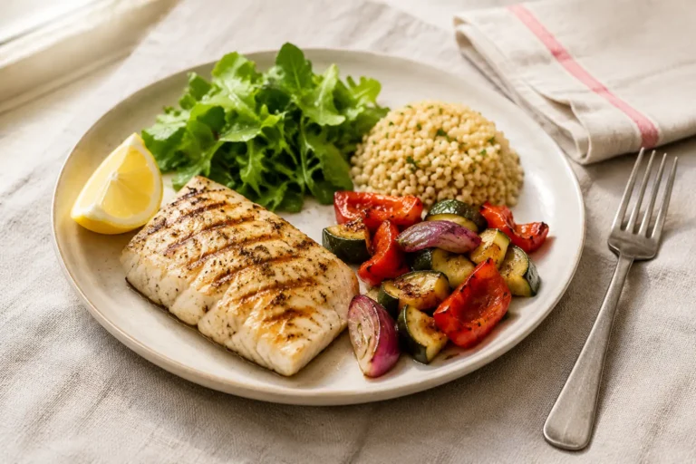 Balanced plate with grilled fish, whole grains, leafy greens, and roasted vegetables for an article about crash diets and PCOS.