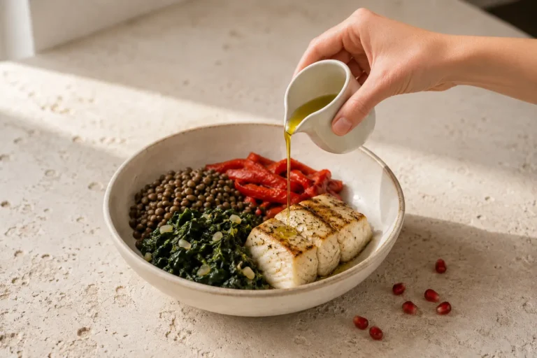 Olive oil poured over grilled fish, lentils, leafy greens, and roasted peppers for an article about the PCOS name change.