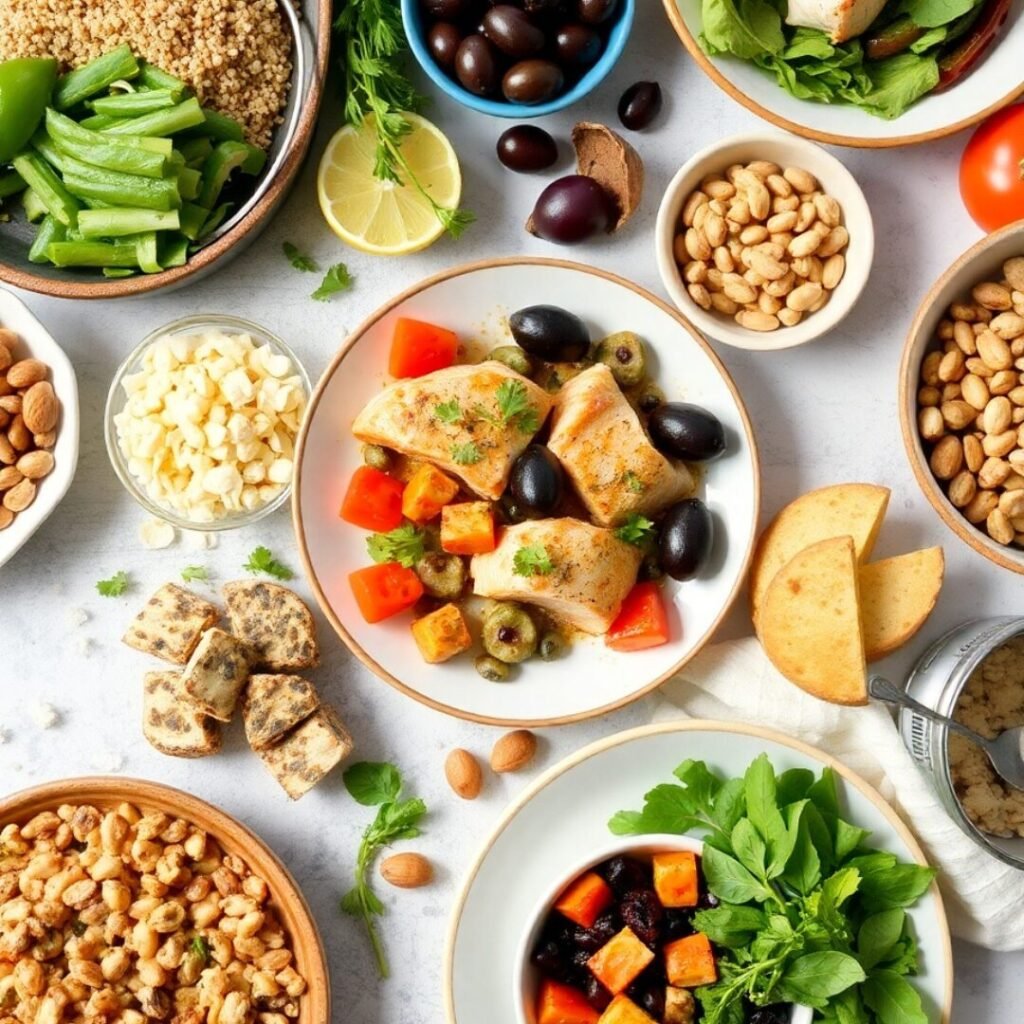 A table spread with an array of healthy and delicious dishes with a focus on the "Best in 2025" for your diet: fish, couscous, vegetables, and almonds.